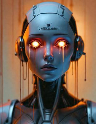 The primary subject of the image is a robot with glowing eyes, which appears to be a digital art or illustration. The robot is situated in a setting with a backdrop of a wall, and it is the main focus of the image. The visual style of the image is digital, and the colors and mood are predominantly dark and mysterious, with the glowing eyes adding a sense of intensity and intrigue.